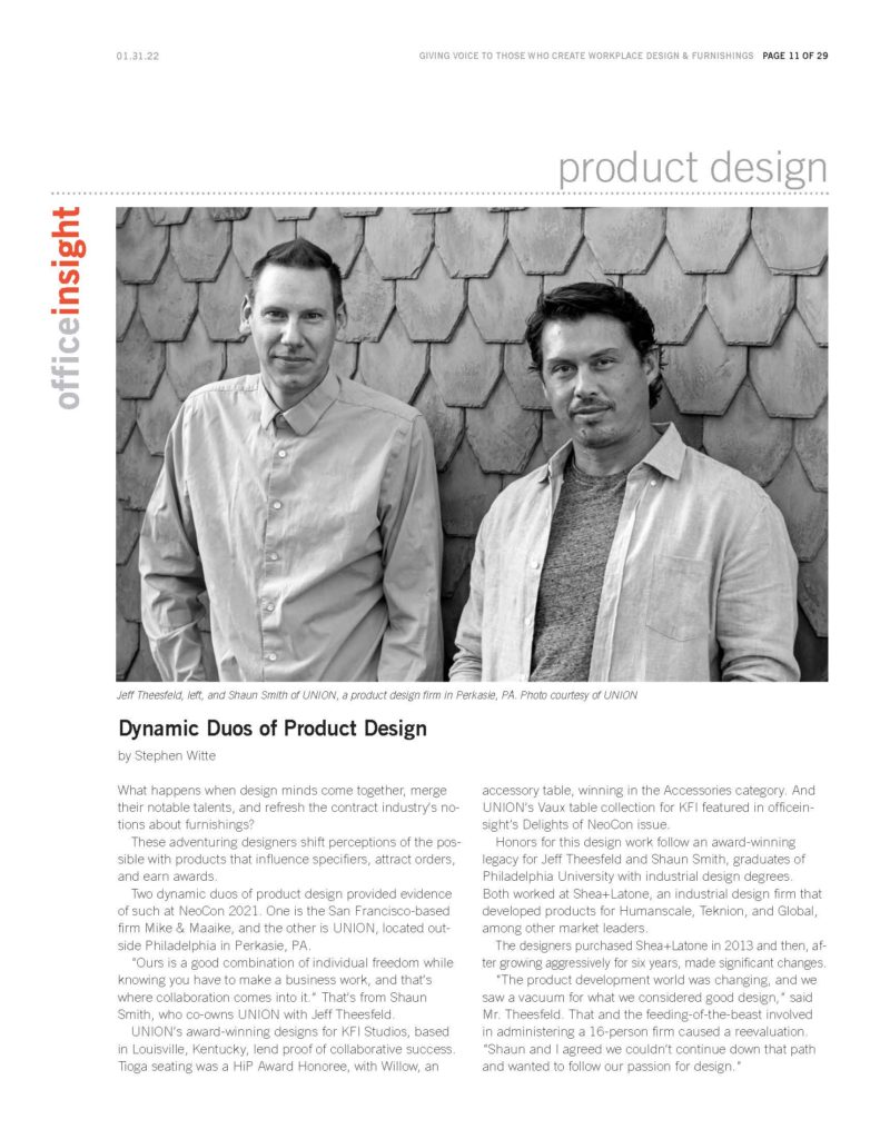 Office insight magazine featuring union design product design