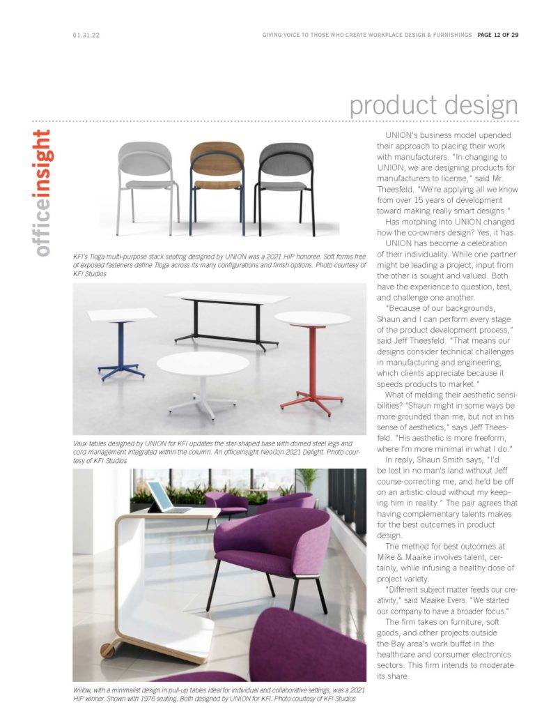 Office Insight magazine feature of union design showing Tioga chair design, Vaux collaborative table design, and willow laptop table design